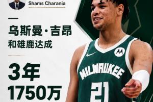Shams：乌斯曼·吉昂与雄鹿队续签3年1750万美元合同