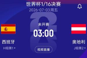 1/16决赛对决：H1西班牙迎战J2奥地利！7月3日北京时间3:00开赛